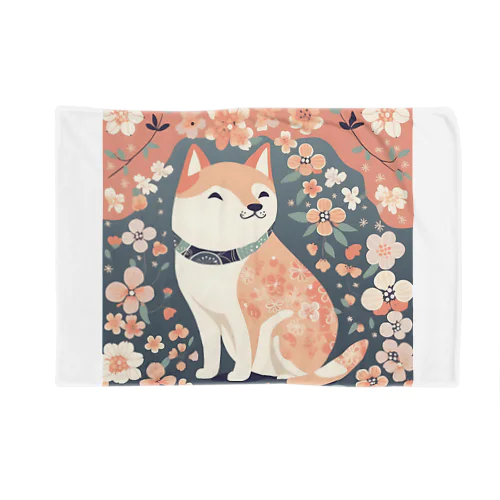 日本画風、柴犬と桜-Japanese-style painting of a Shiba Inu with cherry blossoms ブランケット