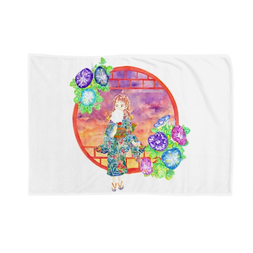 「窓際の夏」夕焼け・朝顔朝顔縁・浴衣の女の子 Blanket