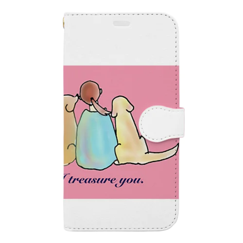 仲良しゴールデンレトリバー✿︎I treasure you ✿︎ピンク✿︎ 手帳型スマホケース