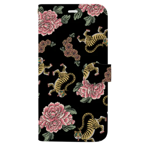 お花と虎ちゃん（黒） Book-Style Smartphone Case