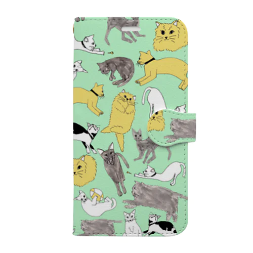 いろんな猫しぐさ♡グリーン Book-Style Smartphone Case