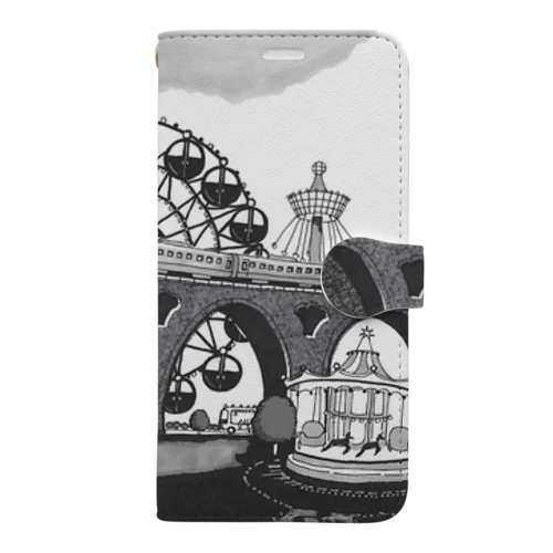 蒸気機関車と遊園地（モノクロ） Book-Style Smartphone Case