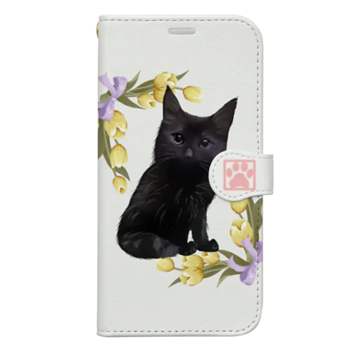 子猫 黒猫 チューリップ添え 肉球入り Book-Style Smartphone Case