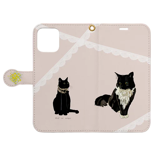 タキシード猫&アンティーク黒猫 コラボ手帳ケース 薄ベージュピンク 手帳型スマホケース