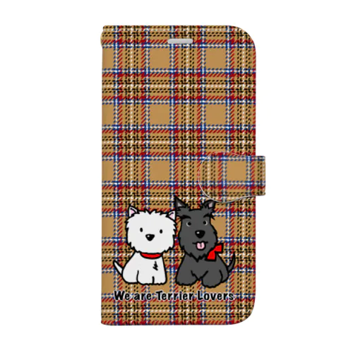 しろいぬルッチー&くろいぬリア【タータン】モカ Book-Style Smartphone Case