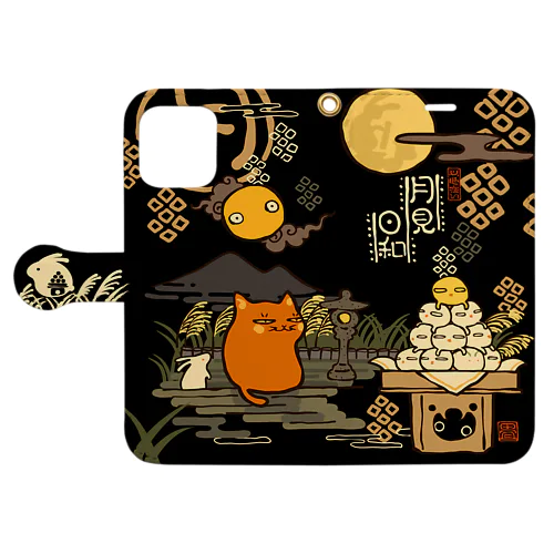 赤ねこ月見日和 黒 Book-Style Smartphone Case