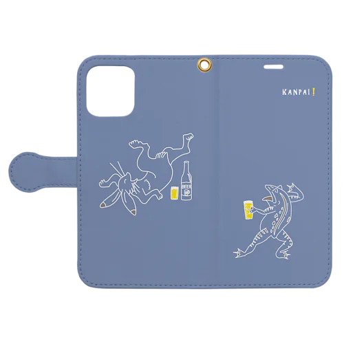 名画 × BEER（鳥獣戯画）白線画-ブルーグレー Book-Style Smartphone Case