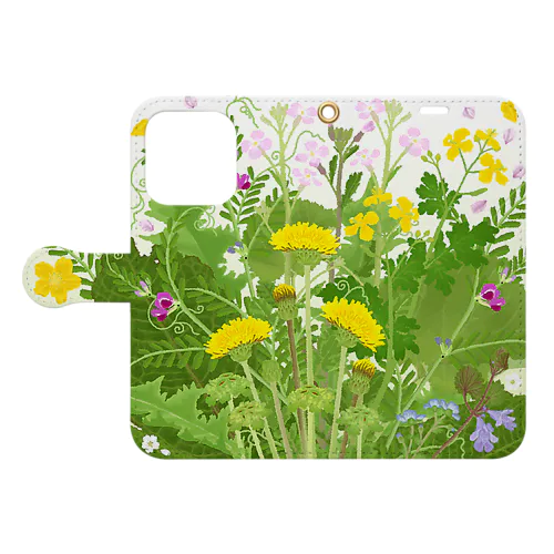 春の野原で花束A（iPhone13 ProMax等のサイズ） 手帳型スマホケース