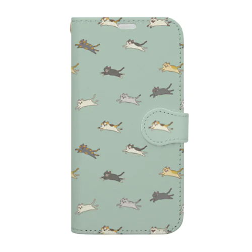 ねこたくさん手帳型スマホケース　緑 Book-Style Smartphone Case