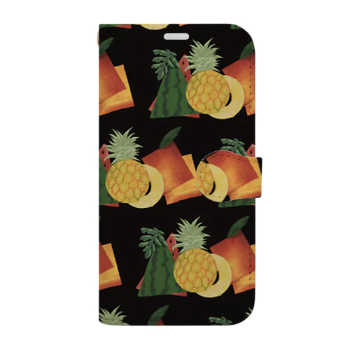 Fruits pattern Black 手帳型スマホケース