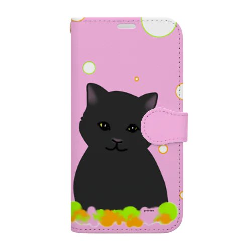 癒し猫　黒猫 ピンク 手帳型スマホケース