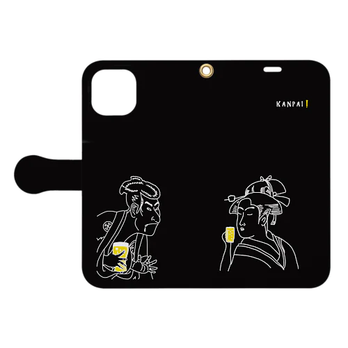 名画 × BEER（浮世絵男女）白線画-ブラック Book-Style Smartphone Case