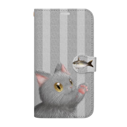 お魚にゃーvar.3もふもふ　灰猫　グレー　ストライプ　肉球マーク付き Book-Style Smartphone Case