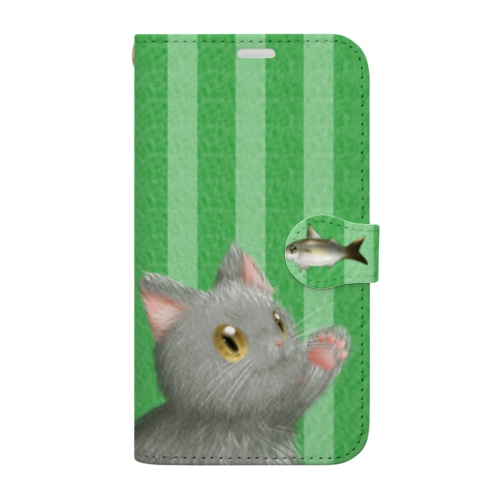 お魚にゃーvar.3もふもふ　灰猫　グリーン　ストライプ　肉球マーク付き Book-Style Smartphone Case
