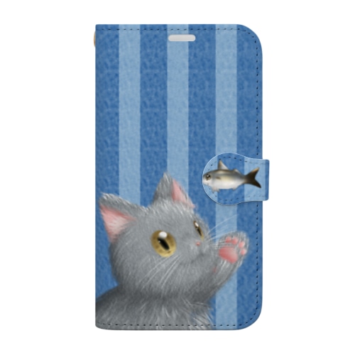 お魚にゃーvar.3もふもふ　灰猫　ブルー　ストライプ　肉球マーク付き Book-Style Smartphone Case