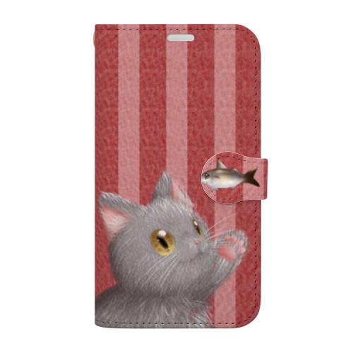 お魚にゃーvar.3もふもふ　灰猫　レッド　ストライプ　肉球マーク付き Book-Style Smartphone Case