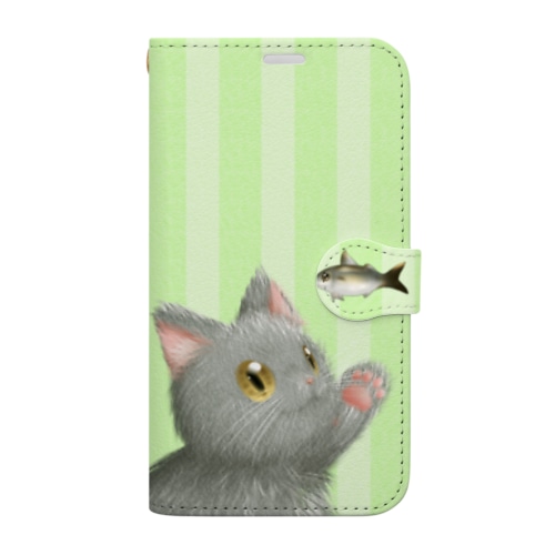 お魚にゃーvar.3もふもふ　灰猫　ライトグリーン　ストライプ　肉球マーク付き Book-Style Smartphone Case