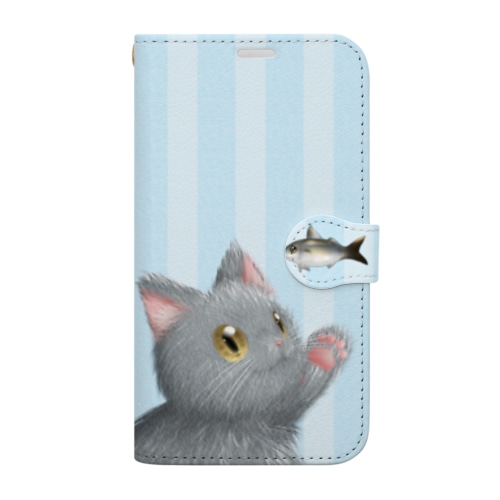 お魚にゃーvar.3もふもふ　灰猫　ライトブルー　ストライプ　肉球マーク付き Book-Style Smartphone Case