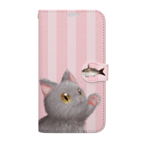 お魚にゃーvar.3もふもふ　灰猫　ピンク　ストライプ　肉球マーク付き Book-Style Smartphone Case