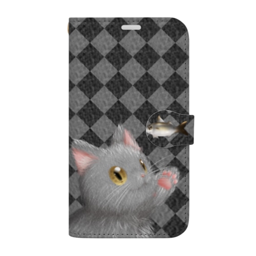 お魚にゃーvar.3もふもふ　灰猫　ブラック　ダイヤ柄　肉球マーク付き Book-Style Smartphone Case