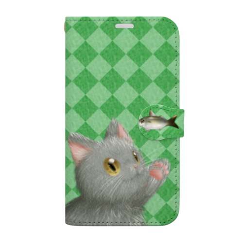お魚にゃーvar.3もふもふ　灰猫　グリーン　ダイヤ柄　肉球マーク付き Book-Style Smartphone Case