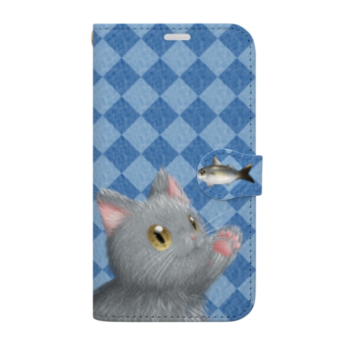 お魚にゃーvar.3もふもふ　灰猫　ブルー　ダイヤ柄　肉球マーク付き Book-Style Smartphone Case