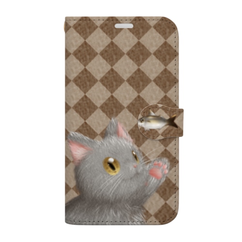お魚にゃーvar.3もふもふ　灰猫　ブラウン　ダイヤ柄　肉球マーク付き Book-Style Smartphone Case