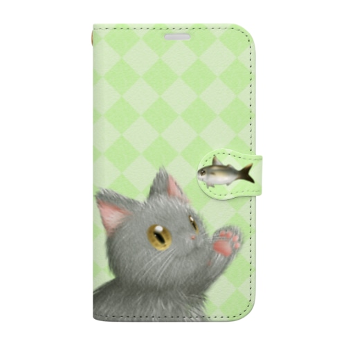 お魚にゃーvar.3もふもふ　灰猫　ライトグリーン　ダイヤ柄　肉球マーク付き Book-Style Smartphone Case