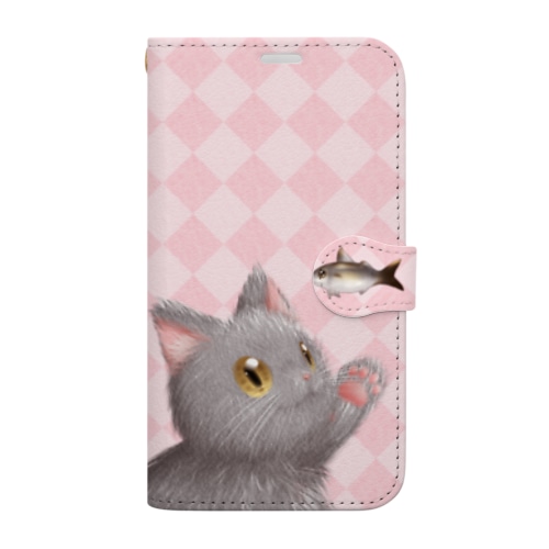 お魚にゃーvar.3もふもふ　灰猫　ピンク　ダイヤ柄　肉球マーク付き Book-Style Smartphone Case