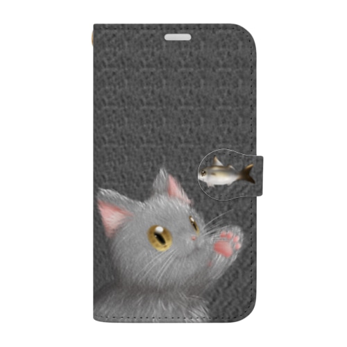 お魚にゃーvar.3もふもふ　灰猫　ブラック　シンプル無地　肉球マーク付き Book-Style Smartphone Case