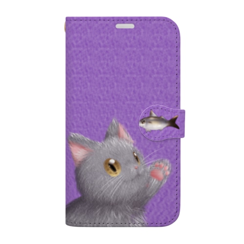 お魚にゃーvar.3もふもふ　灰猫　パープル　シンプル無地　肉球マーク付き Book-Style Smartphone Case