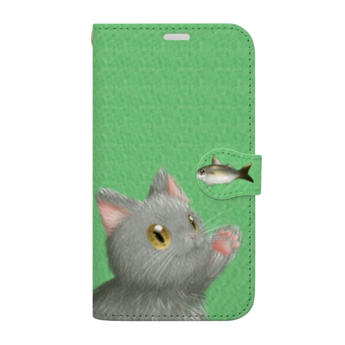 お魚にゃーvar.3もふもふ　灰猫　グリーン　シンプル無地　肉球マーク付き Book-Style Smartphone Case