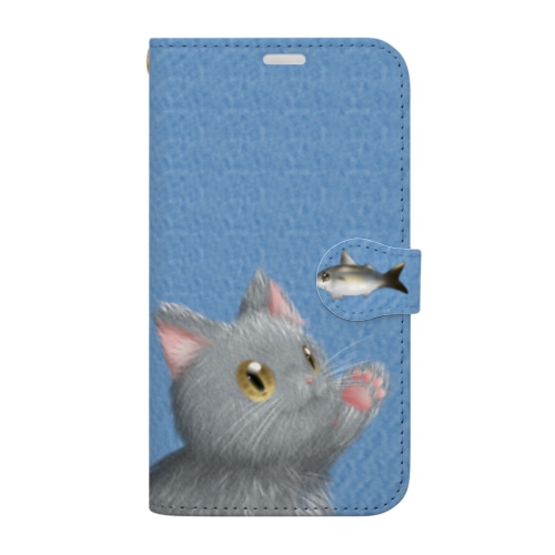 お魚にゃーvar.3もふもふ　灰猫　ブルー　シンプル無地　肉球マーク付き Book-Style Smartphone Case