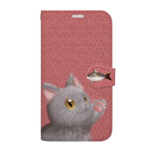 お魚にゃーvar.3もふもふ　灰猫　レッド　シンプル無地　肉球マーク付き Book-Style Smartphone Case
