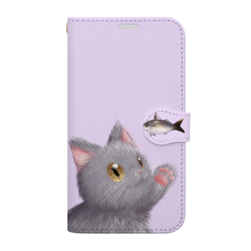 お魚にゃーvar.3もふもふ　灰猫　ライトパープル　シンプル無地　肉球マーク付き Book-Style Smartphone Case