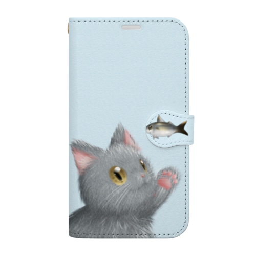お魚にゃーvar.3もふもふ　灰猫　ライトブルー　シンプル無地　肉球マーク付き Book-Style Smartphone Case