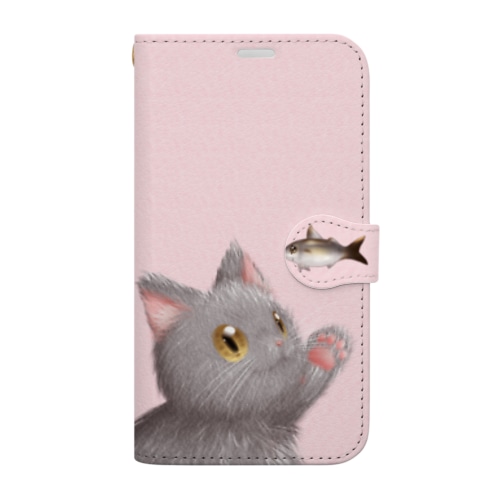 お魚にゃーvar.3もふもふ　灰猫　ピンク　シンプル無地　肉球マーク付き Book-Style Smartphone Case