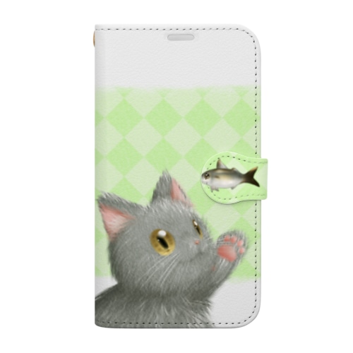 お魚にゃーvar.3もふもふ　灰猫　ライトグリーン　ダイヤ柄　上下白ライン　肉球マーク付き Book-Style Smartphone Case