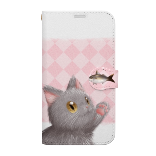 お魚にゃーvar.3もふもふ　灰猫　ピンク　ダイヤ柄　上下白ライン　肉球マーク付き Book-Style Smartphone Case