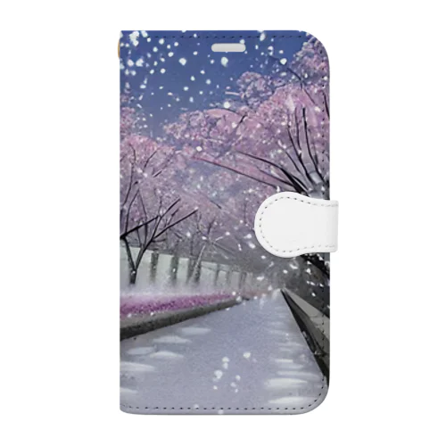 夜の桜並木に雪 Book-Style Smartphone Case