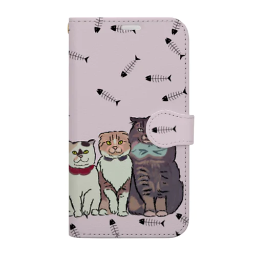 仲良し6キャット　魚のホネ　パープル Book-Style Smartphone Case