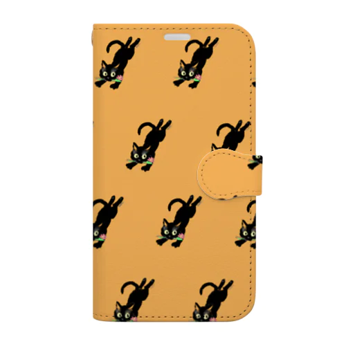黒猫チョコちゃん大脱走－オレンジ 手帳型スマホケース