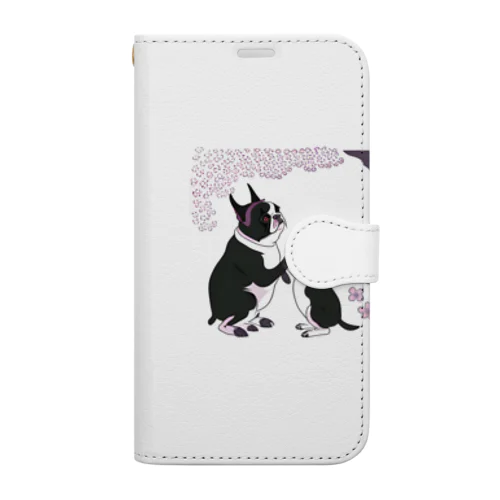 ふとっちょボストン親子と桜 Book-Style Smartphone Case