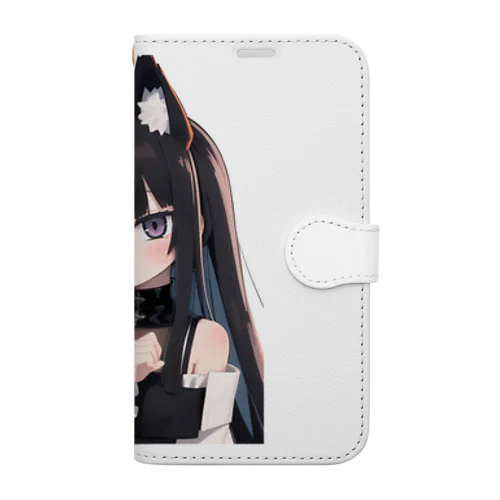 長い黒髪の愛らしい獣耳の少女 Book-Style Smartphone Case