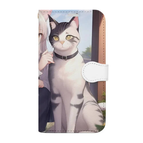猫と猫耳少女 手帳型スマホケース