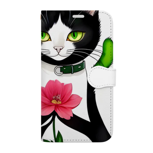 黒猫と一輪の花 手帳型スマホケース