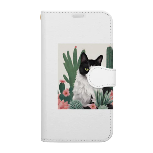 ハチワレ白黒猫とサボテン Book-Style Smartphone Case