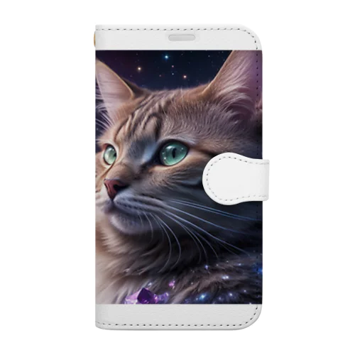 「星の囁き - 宇宙への猫の眺め」 Book-Style Smartphone Case