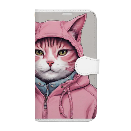 パーカーを着たピンク猫 Book-Style Smartphone Case