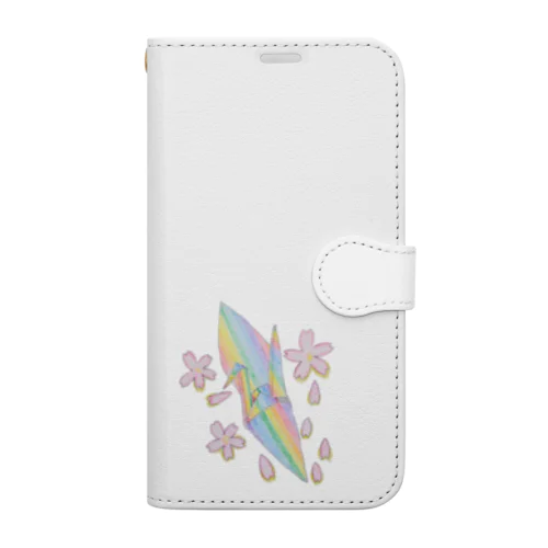 虹色の折り鶴と桜 手帳型スマホケース